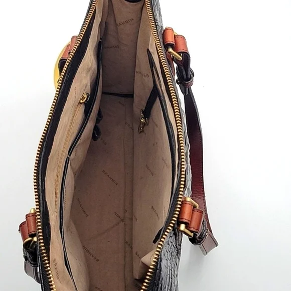 BRAHMIN Black Croc Embossed Crox Leather Shopper's Tote Cognac Leather Strap - Picture 10 of 15